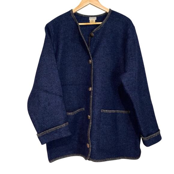 L.L. Bean Navy Blue Wool Jacket with Tan Trim - Picture 3 of 10